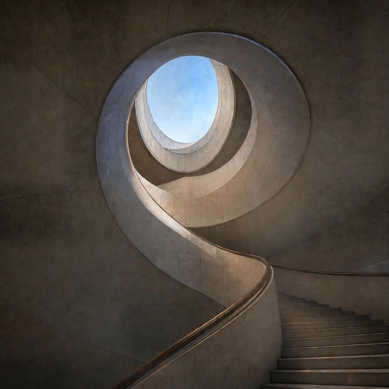 AI-generated: A sculptural spiral staircase in a concrete atrium