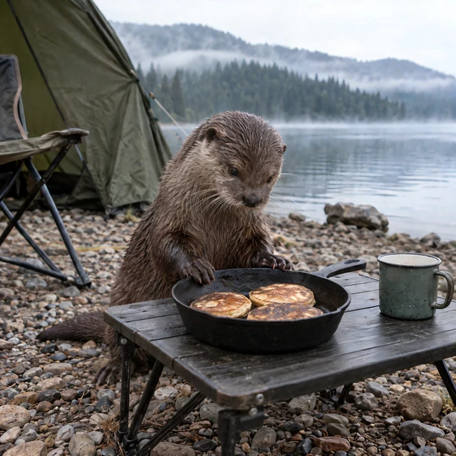 AI-generated: An otter beside a camping pan of pancakes on a misty lakeshore.
