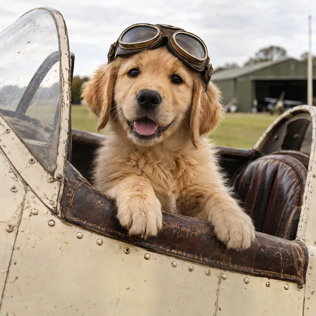 AI-generated: A golden retriever puppy wearing aviator goggles in a weathered airplane cockpit.