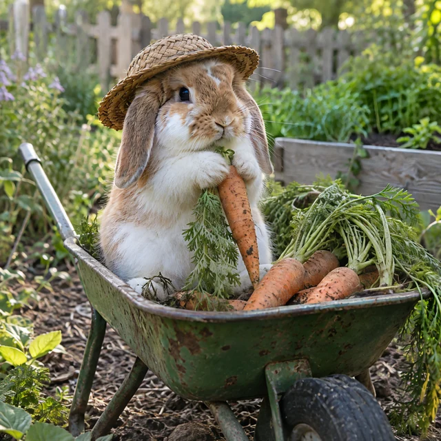 AI-generated: A rabbit sitting in a garden wheelbarrow with freshly picked carrots.